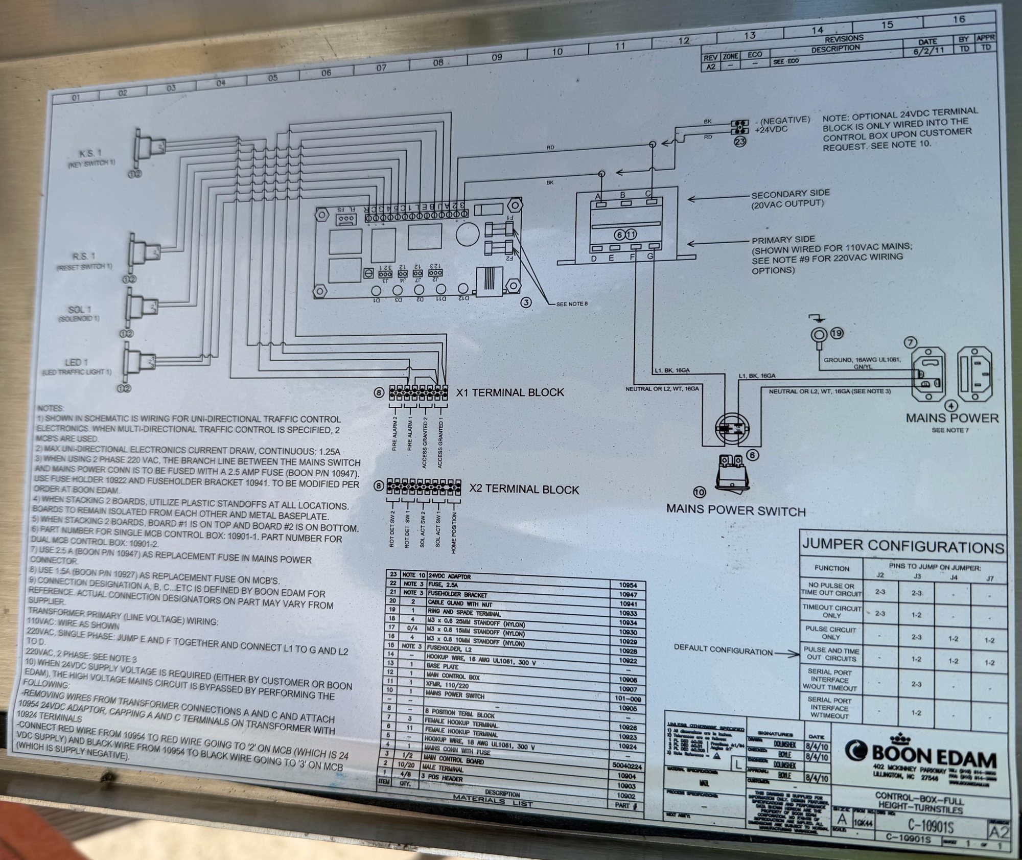 Boon Edam full-height turnstile control box label, drawing C-10901S rev A2, showing X1 and X2 terminal blocks, transformer, mains switch and jumper table